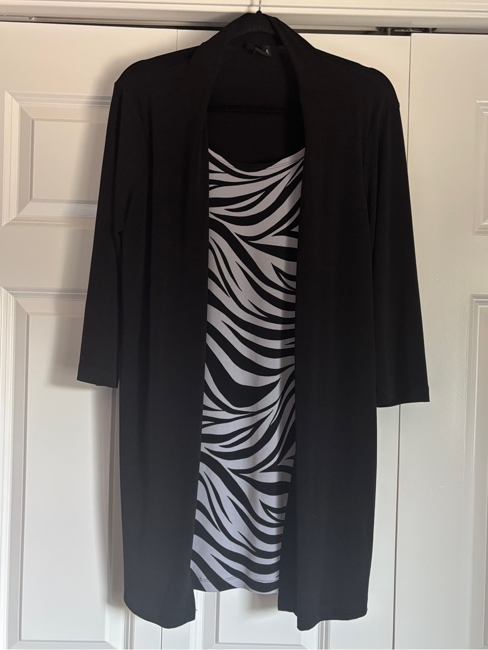Enfocus Petite Layered Black Blouse with Gray Zebra